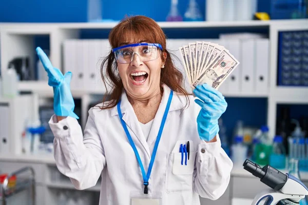 幸せな笑顔で勝利を祝うドルを保持している科学研究所で働く中年のパニック女性と手を上げて勝者の式 — ストック写真