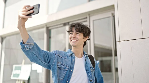 Young Hispanic Man Student Smiling Confident Make Selfie Smartphone University — Stock Photo, Image