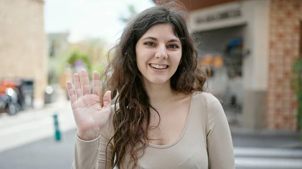 Young Beautiful Hispanic Woman Smiling Confident Saying Hello Hand Street — Stock Photo, Image