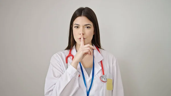 Young Beautiful Hispanic Woman Doctor Asking Silent Isolated White Background — Stock Photo, Image