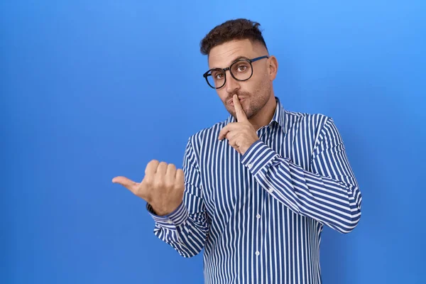 Hispanic Man Beard Wearing Glasses Asking Quiet Finger Lips Pointing — Stock Photo, Image