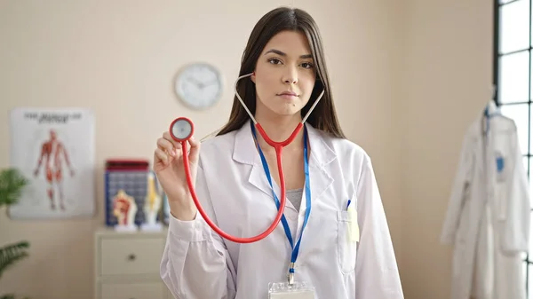 Young Beautiful Hispanic Woman Doctor Standing Relaxed Expression Holding Stethoscope — Stock Photo, Image