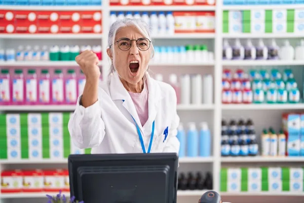 Middle Age Woman Tattoos Working Pharmacy Drugstore Angry Mad Raising — Stock Photo, Image