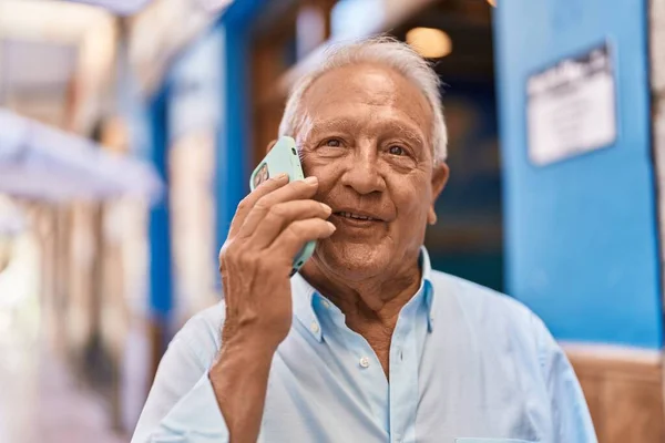 Senior Grey Haired Man Smiling Confident Talking Smartphone Street — 스톡 사진
