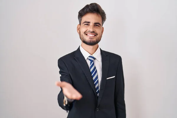 Young Hispanic Man Tattoos Wearing Business Suit Tie Smiling Cheerful — Stock Photo, Image