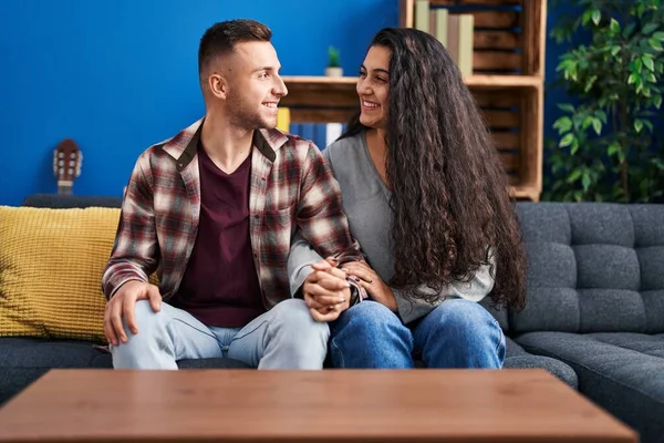 Man Woman Couple Sitting Sofa Hands Together Home — Foto Stock