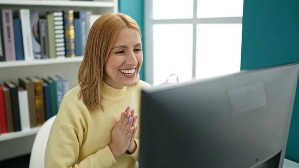 Young Blonde Woman Student Smiling Confident Having Video Call University — 图库照片