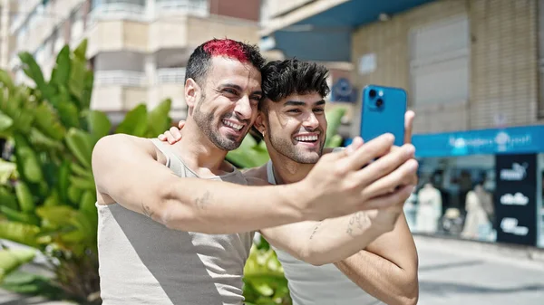 Two Men Couple Smiling Confident Having Video Call Park — Stock Photo, Image