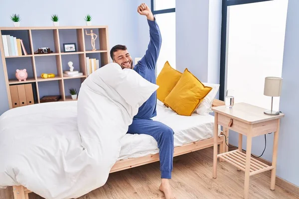 Young Hispanic Man Waking Stretching Arms Bedroom — Photo