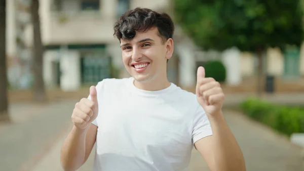 Non Binary Man Smiling Confident Doing Sign Thumbs Park — Foto Stock