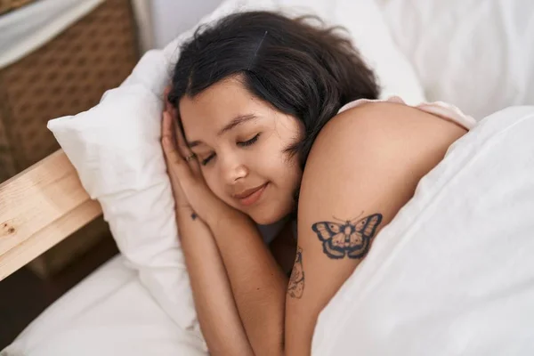 Young Woman Lying Bed Sleeping Bedroom — Zdjęcie stockowe