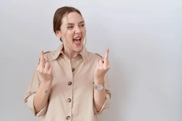 Young Caucasian Woman Wearing Casual Shirt Showing Middle Finger Doing — Stok Foto