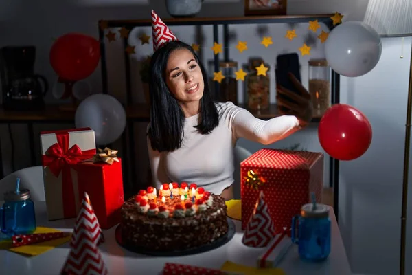 Young Caucasian Woman Celebrating Birthday Making Selfie Smartphone Home — Foto de Stock