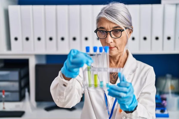 Middle Age Grey Haired Woman Scientist Holding Test Tubes Laboratory — Stockfoto