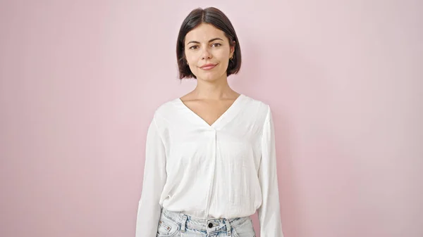 Young Beautiful Hispanic Woman Standing Serious Expression Isolated Pink Background — Stock Fotó
