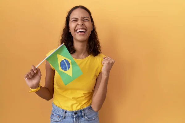 Jeune Femme Hispanique Tenant Drapeau Brésilien Très Heureux Excité Faire — Photo