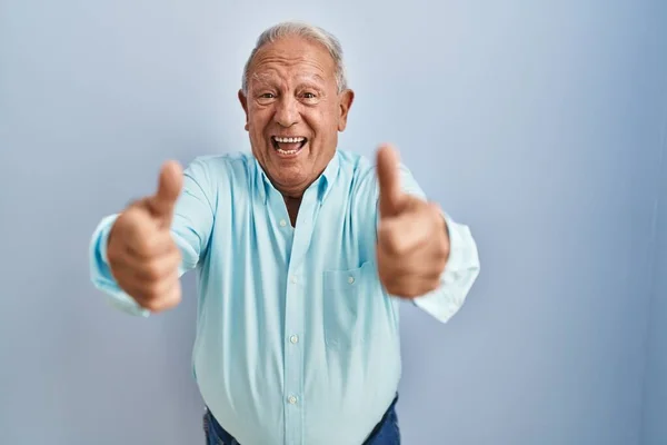 白髪のシニア男性が青の背景の上に立ち 手で積極的なジェスチャーをすることを承認し 親指を上げて笑顔と成功のために幸せ 勝者のジェスチャー — ストック写真