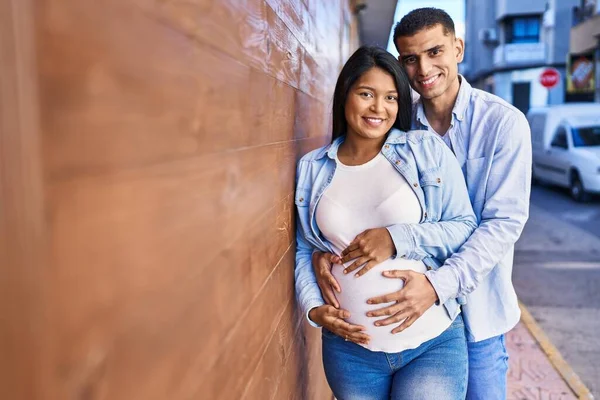 Young Latin Couple Expecting Baby Touching Belly Street — Stock Photo, Image