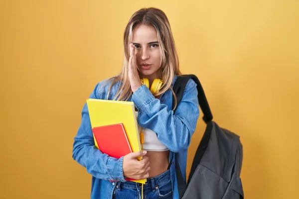 Young Blonde Woman Wearing Student Backpack Holding Books Hand Mouth — Stock Photo, Image