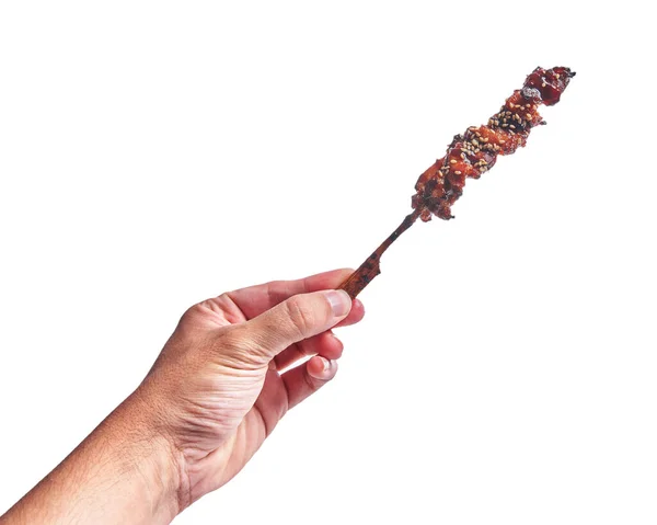 Hand Man Holding Delicious Skewer Teriyaki Chicken Isolated White Background — Stock Photo, Image