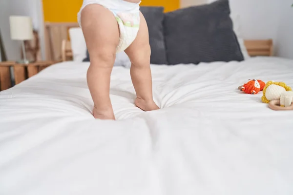Adorable Caucasian Baby Standing Bed Bedroom — Stock Photo, Image