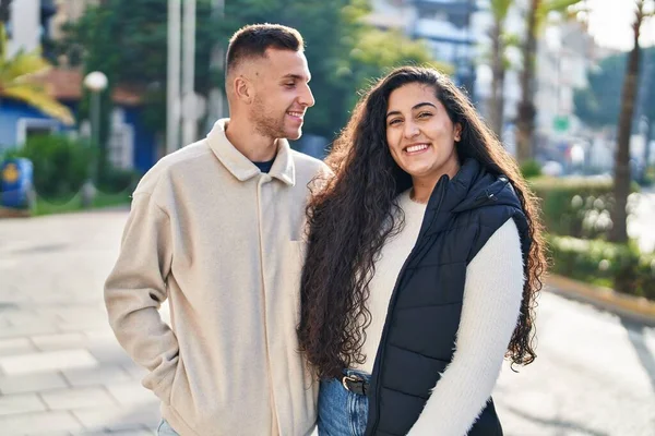 Man Woman Couple Smiling Confident Standing Together Park —  Fotos de Stock
