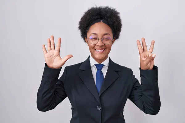 Beautiful African Woman Curly Hair Wearing Business Jacket Glasses Showing — Stock Photo, Image