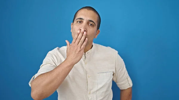 Young Hispanic Man Blowing Kiss Hand Isolated Blue Background — Stock Photo, Image