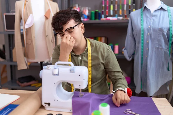 Non Binary Man Tailor Stressed Using Sewing Machine Suffering Headache — 图库照片