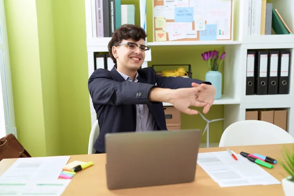 Non Binary Man Business Worker Stretching Arms Relaxing Office — Stockfoto