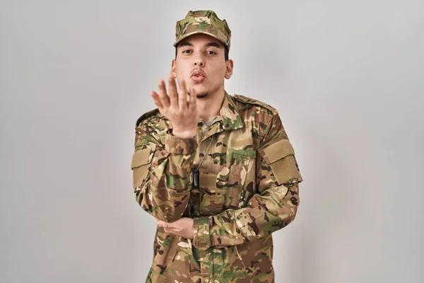 Young Arab Man Wearing Camouflage Army Uniform Looking Camera Blowing — Stock Photo, Image