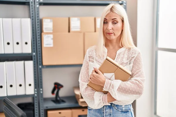 Caucasian Woman Working Small Business Ecommerce Skeptic Nervous Frowning Upset — Photo