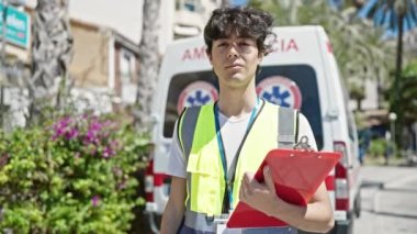 Genç İspanyol hemşire sağlık raporunu tutuyor. Ambulans yolda bekliyor.