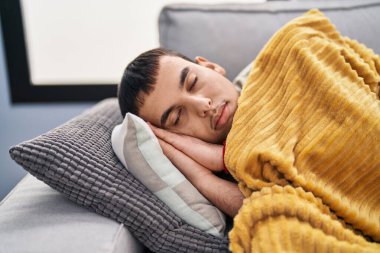 Young man lying on sofa sleeping at home
