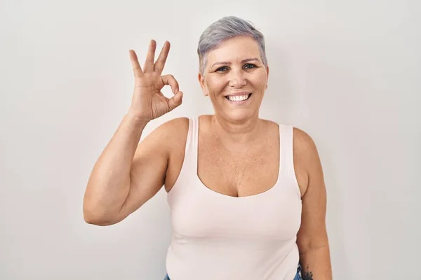 Middle Age Caucasian Woman Standing White Background Smiling Positive Doing — Foto de Stock