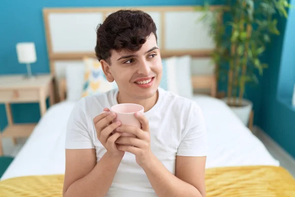 Non Binary Man Drinking Cup Coffee Sitting Bed Bedroom — Stock fotografie