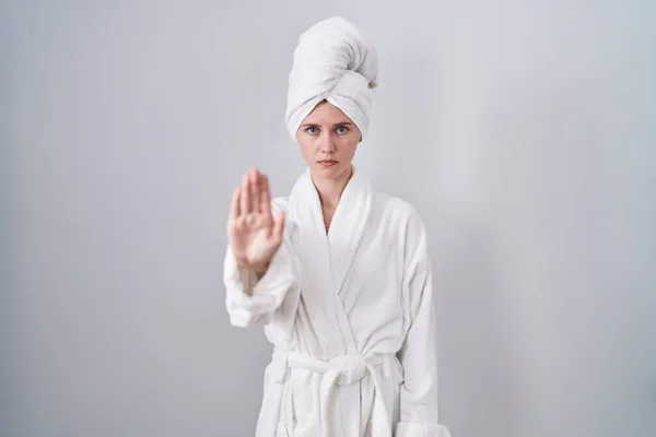 Blonde Caucasian Woman Wearing Bathrobe Doing Stop Sing Palm Hand — Stock Photo, Image