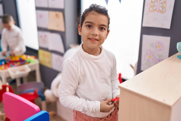 Adorable Hispanic Girl Smiling Confident Sitting Floor Kindergarten — ストック写真