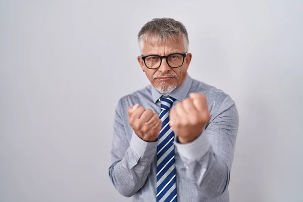 Hispanic Business Man Grey Hair Wearing Glasses Ready Fight Fist — Stock Photo, Image