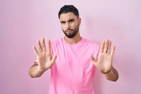 Hispanic Young Man Standing Pink Background Moving Away Hands Palms — Stock Photo, Image