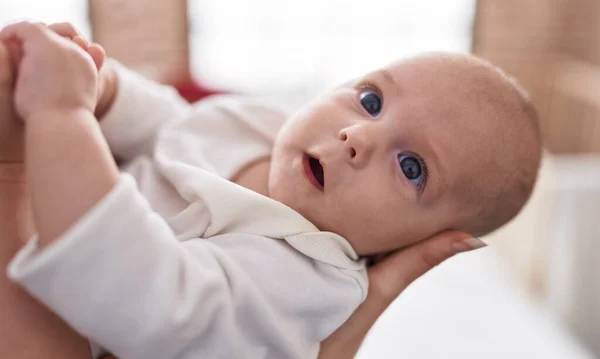 Adorable Caucasian Baby Mother Hands Bedroom — Stock Photo, Image