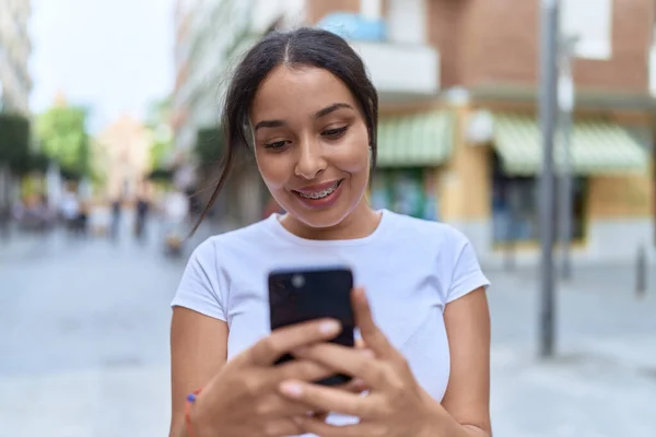 Young Arab Woman Smiling Confident Using Smartphone Street — Foto de Stock