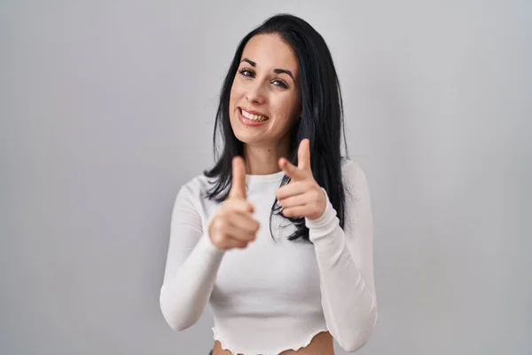 Hispanic Woman Standing Isolated Background Pointing Fingers Camera Happy Funny — Stock Photo, Image