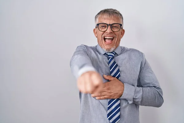Hispanic Business Man Grey Hair Wearing Glasses Laughing You Pointing — Stock Photo, Image