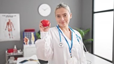 Young beautiful hispanic woman doctor smiling confident holding heart at clinic