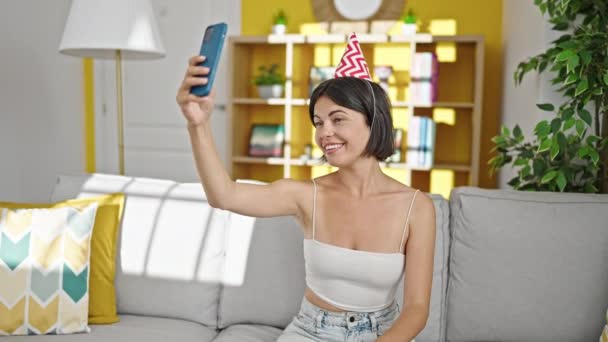 Young Beautiful Hispanic Woman Celebrating Birthday Having Video Call Home — Stock Video
