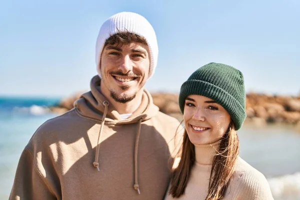 Mand Woman Couple Smiling Confident Standing Together Seaside — Stock Photo, Image