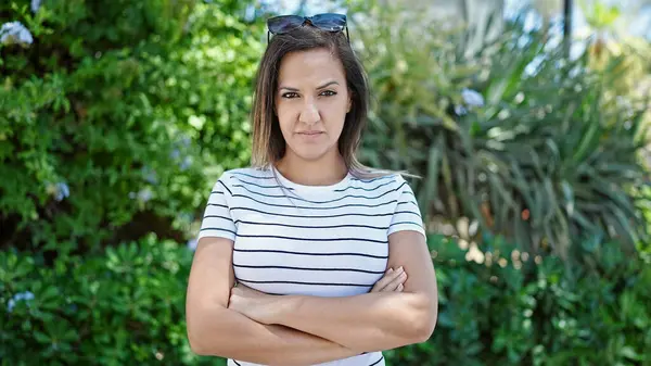 Middle Eastern Woman Standing Serious Expression Crossed Arms Park — Stock Photo, Image