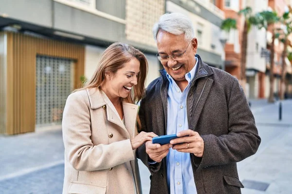 Middle Age Man Woman Couple Smiling Confident Using Smartphone Street — Stock Fotó
