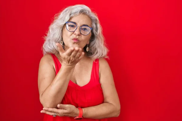 Middle Age Woman Grey Hair Standing Red Background Looking Camera — Stock Photo, Image